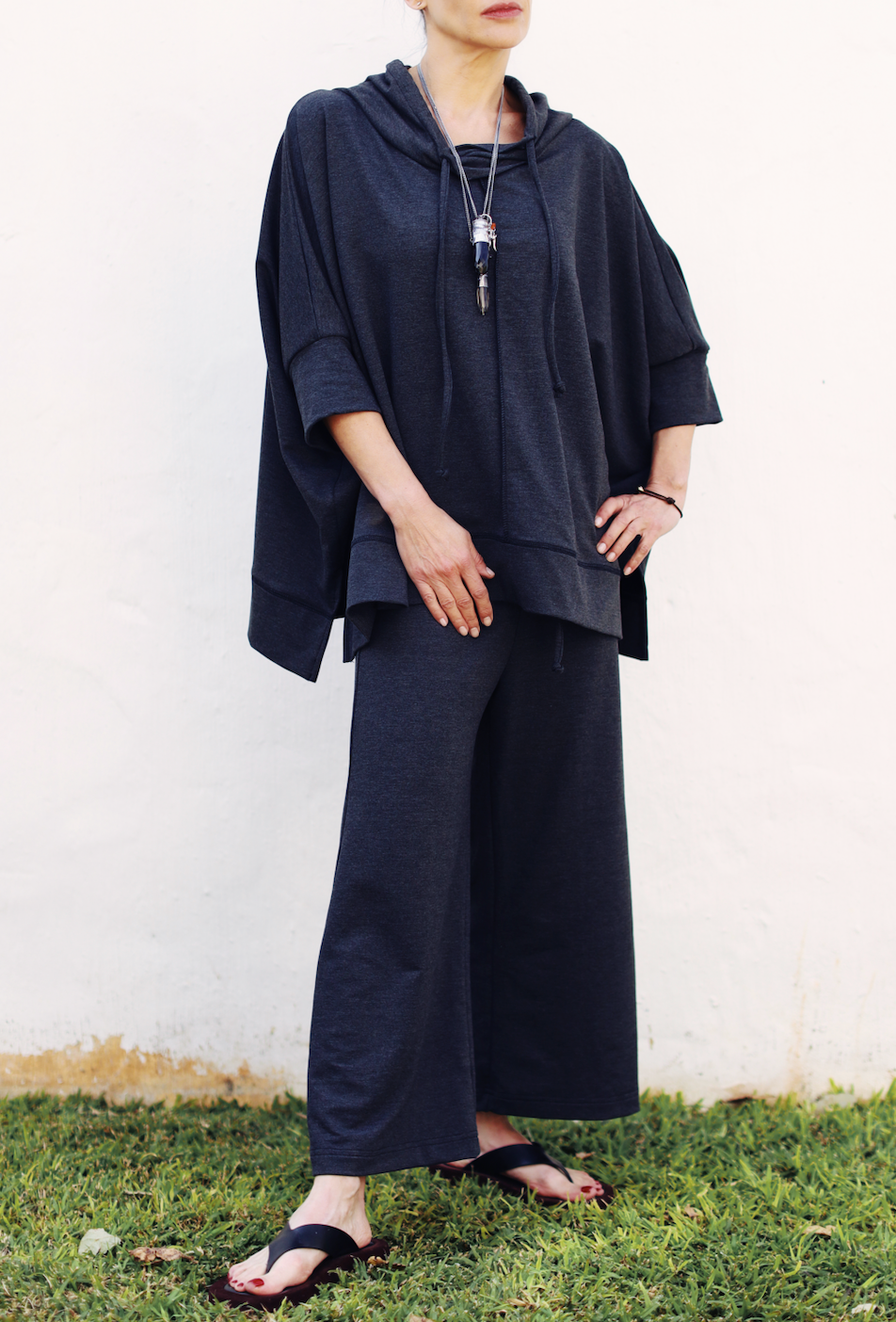 Bongi French Terry Wide Leg, Cropped Pants- Navy
