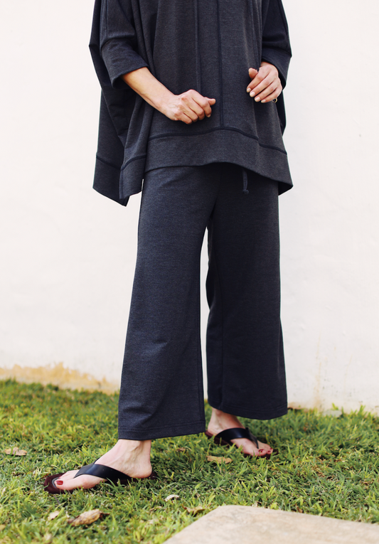 Bongi French Terry Wide Leg, Cropped Pants- Navy