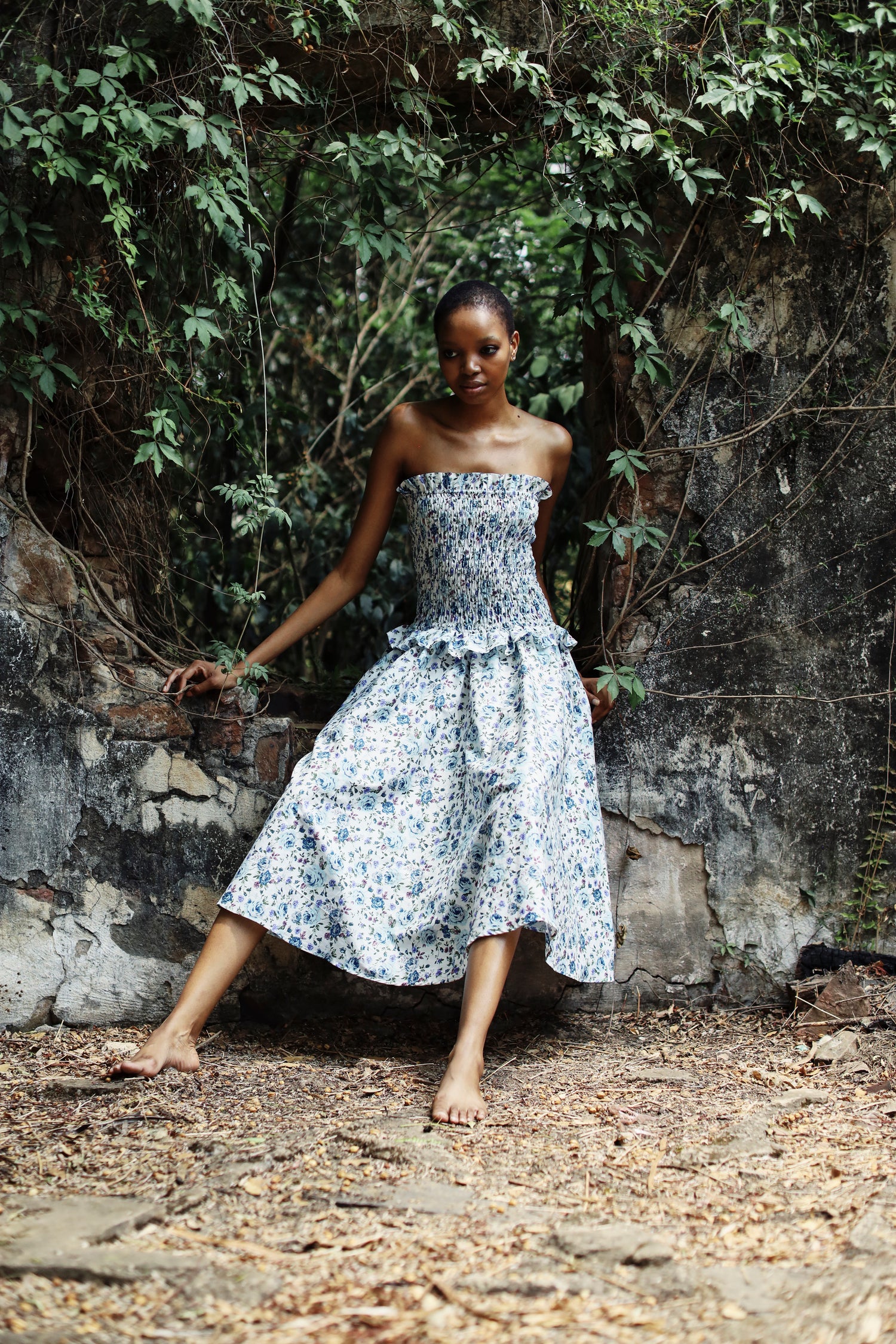 Loosh Jessica Strapless Ruched Bodice Midi Dress Blue & Mauve Floral