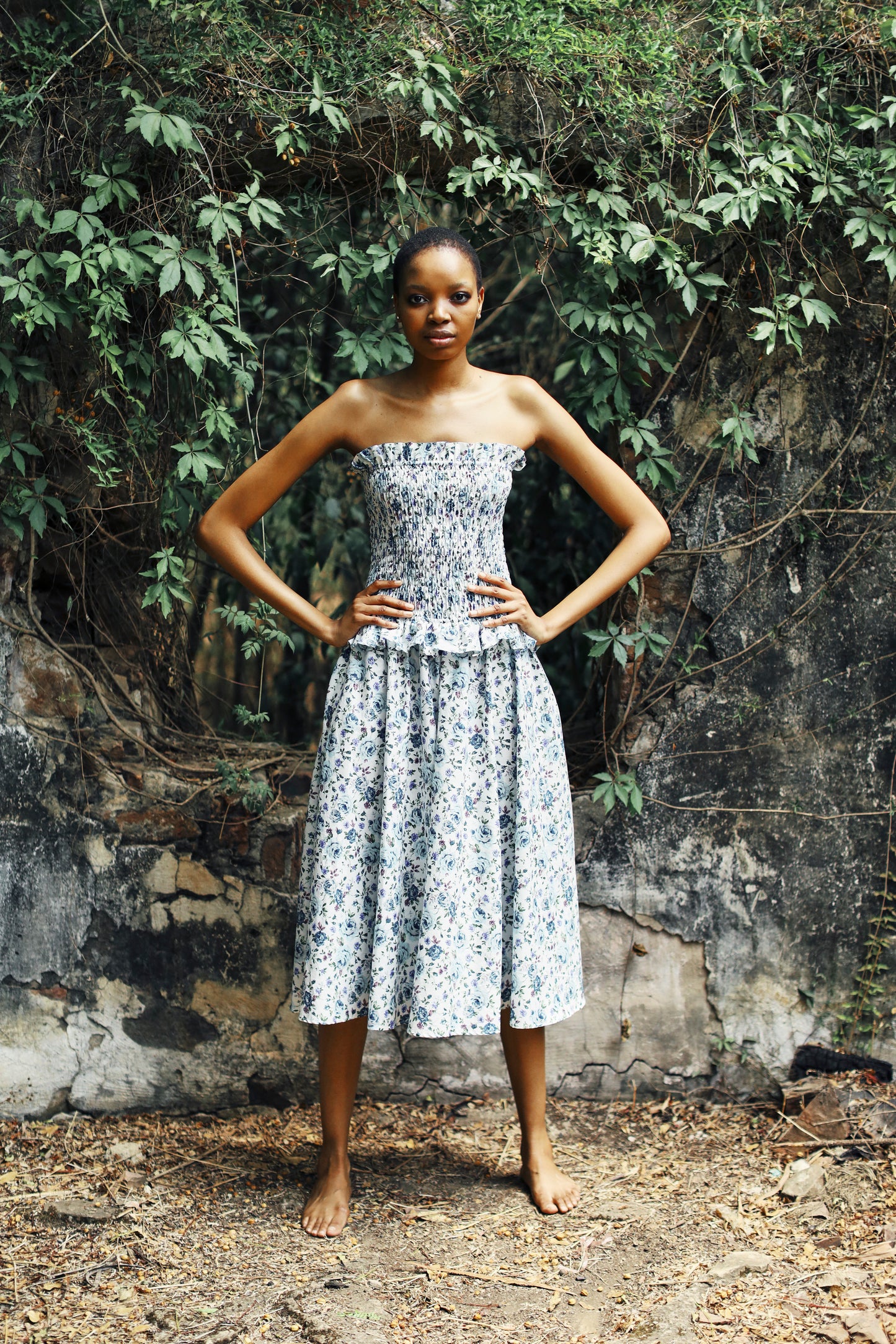 Loosh Jessica Strapless Ruched Bodice Midi Dress Blue & Mauve Floral