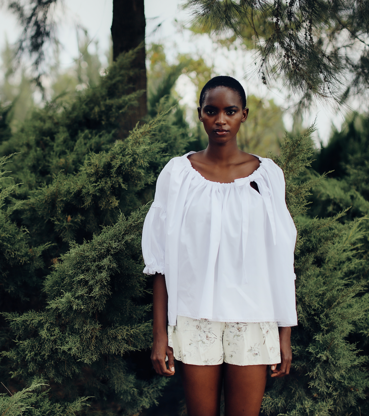 Katherine Gathered Neckline Puff Sleeve Blouse- White