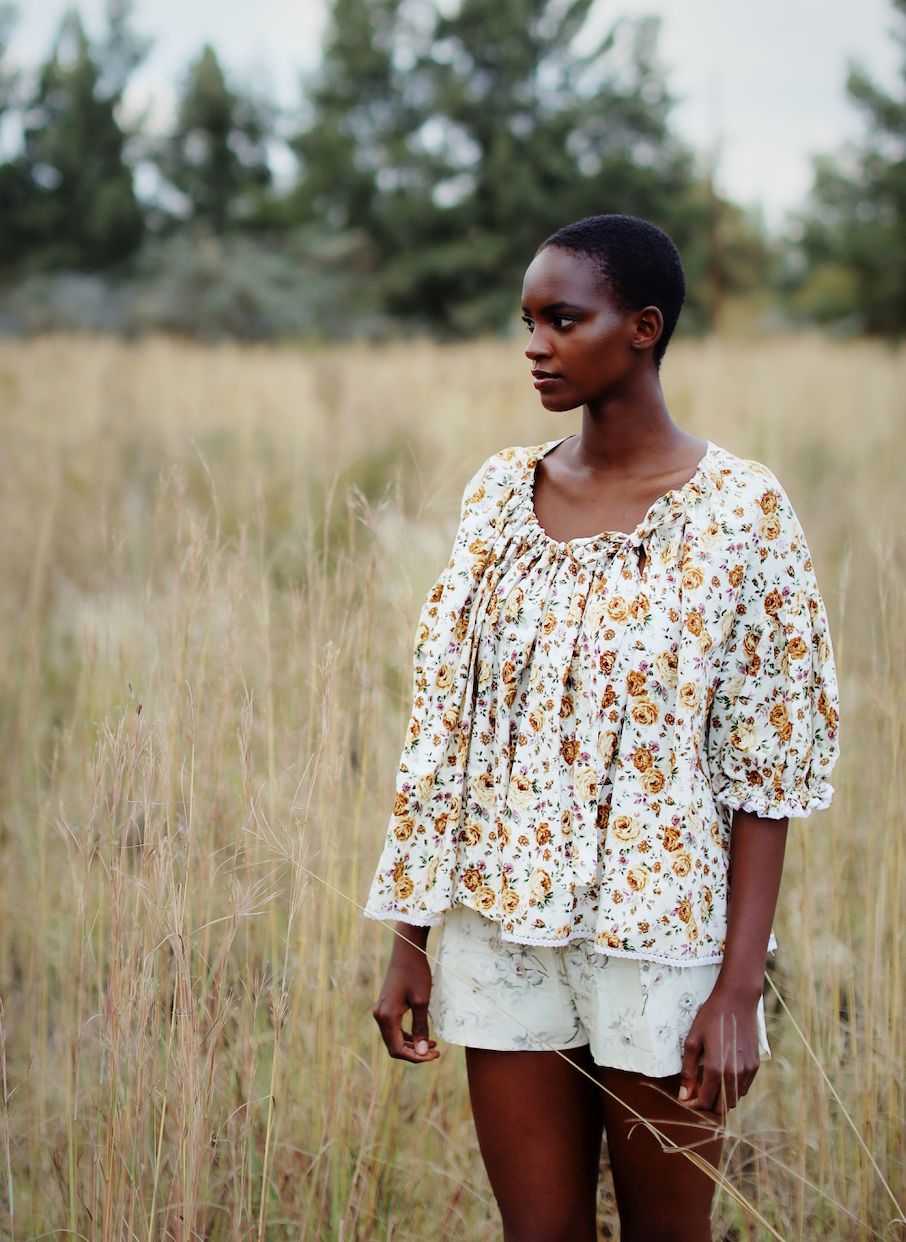 Katherine Gathered Neckline Puff Sleeve Blouse- Pale Yellow/ Grey Floral