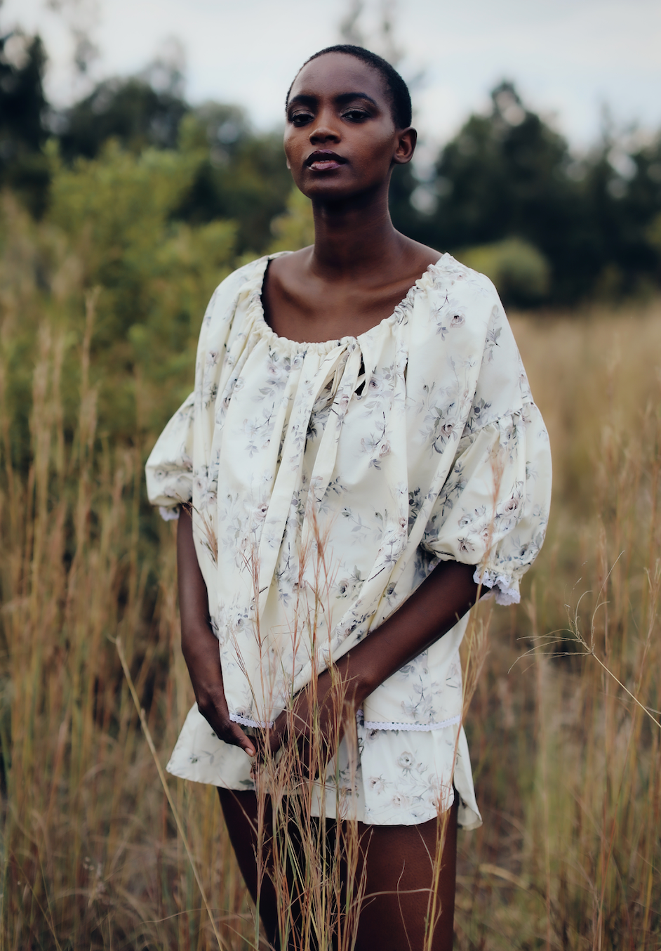 Katherine Gathered Neckline Puff Sleeve Blouse- Pale Yellow/ Grey Floral