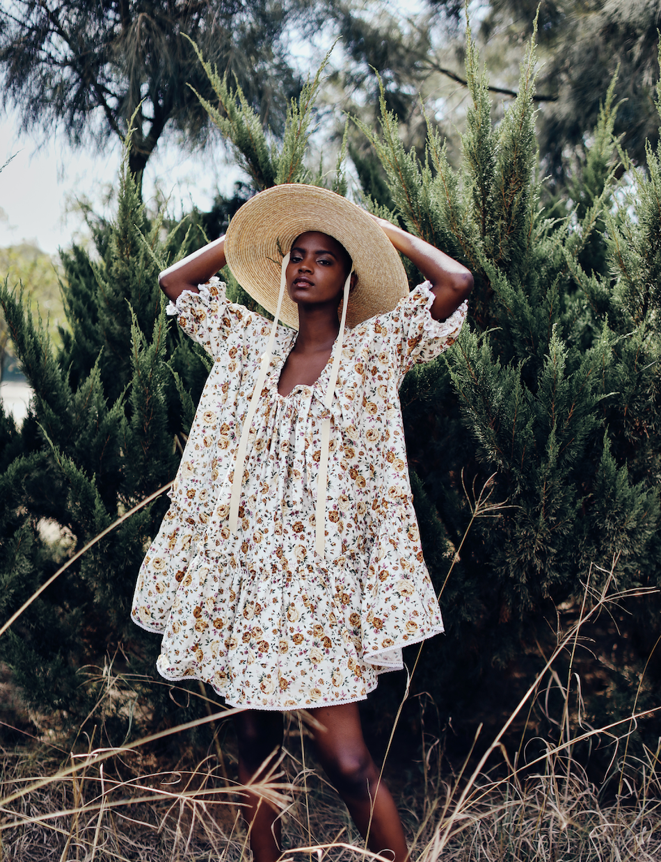 Katherine Drawstring Neckline Puff Sleeve Mini Dress- Lilac/Ochre Floral