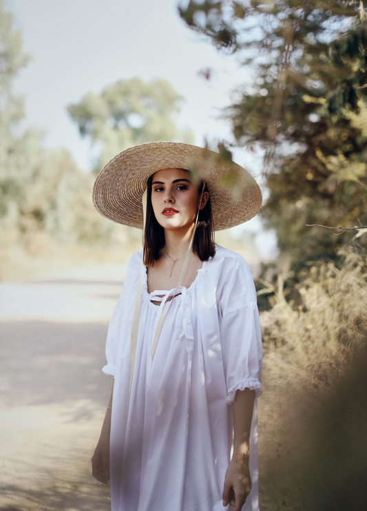 Katherine Gathered Neckline Puff Sleeve Midi Dress- White