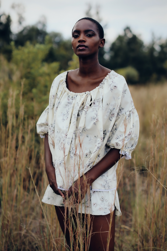 Katherine Gathered Neckline Puff Sleeve Blouse- Pale Yellow/ Grey Floral