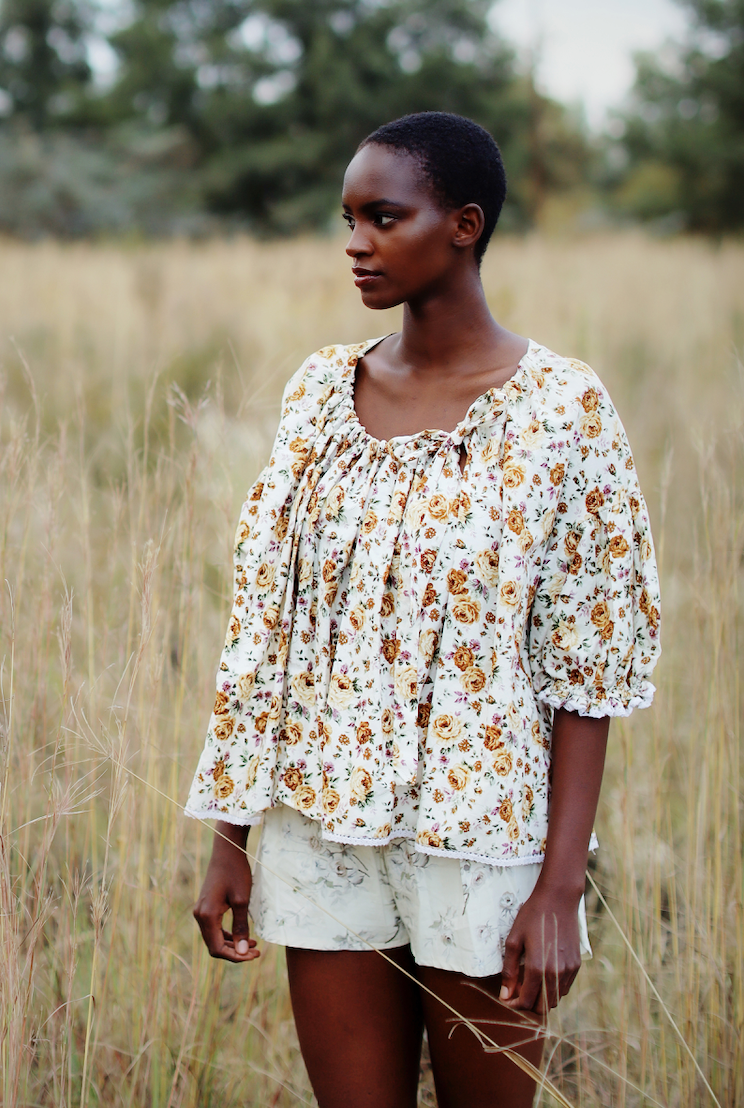 Katherine Gathered Neckline Puff Sleeve Blouse- Lilac Ochre Floral