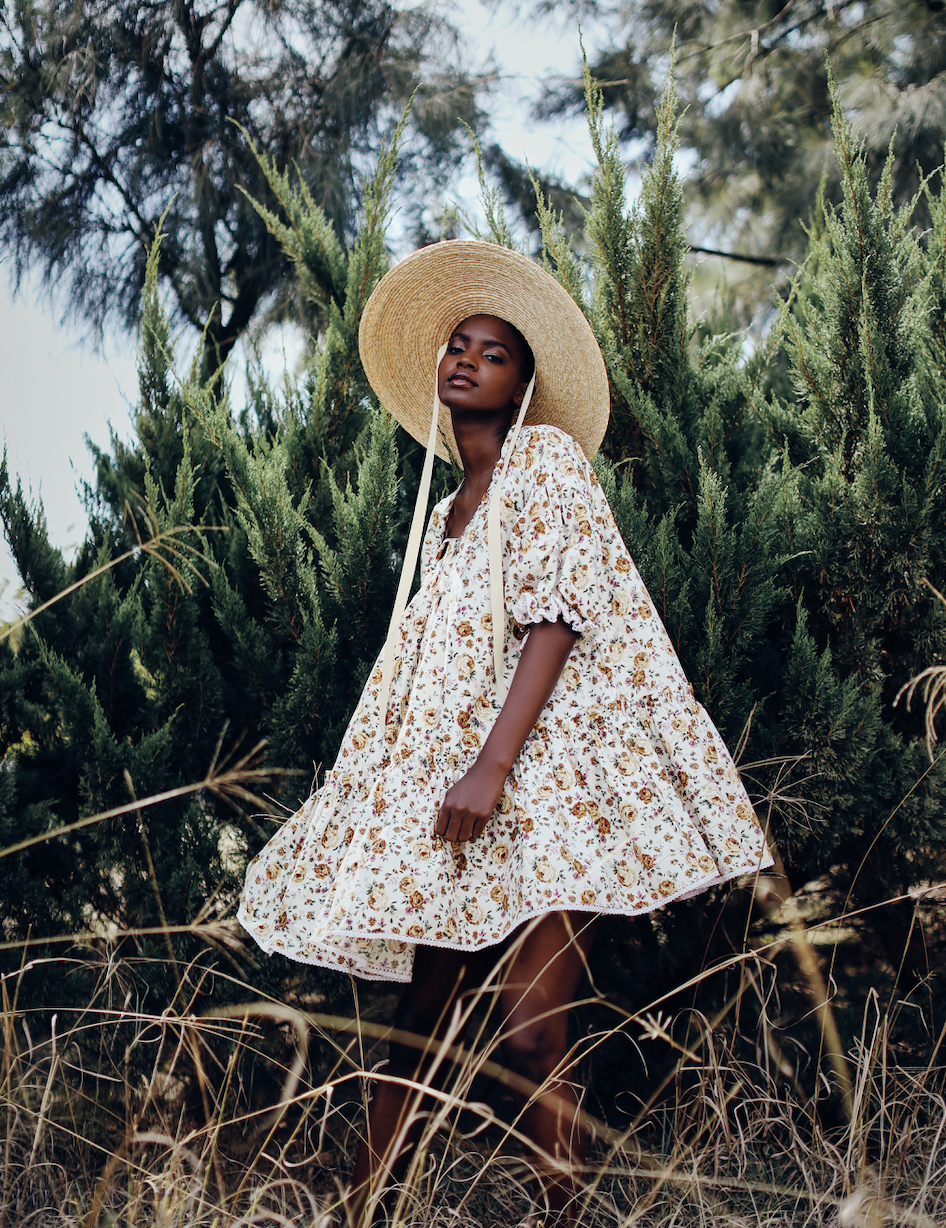 Katherine Drawstring Neckline Puff Sleeve Mini Dress- Yellow Sprig Floral