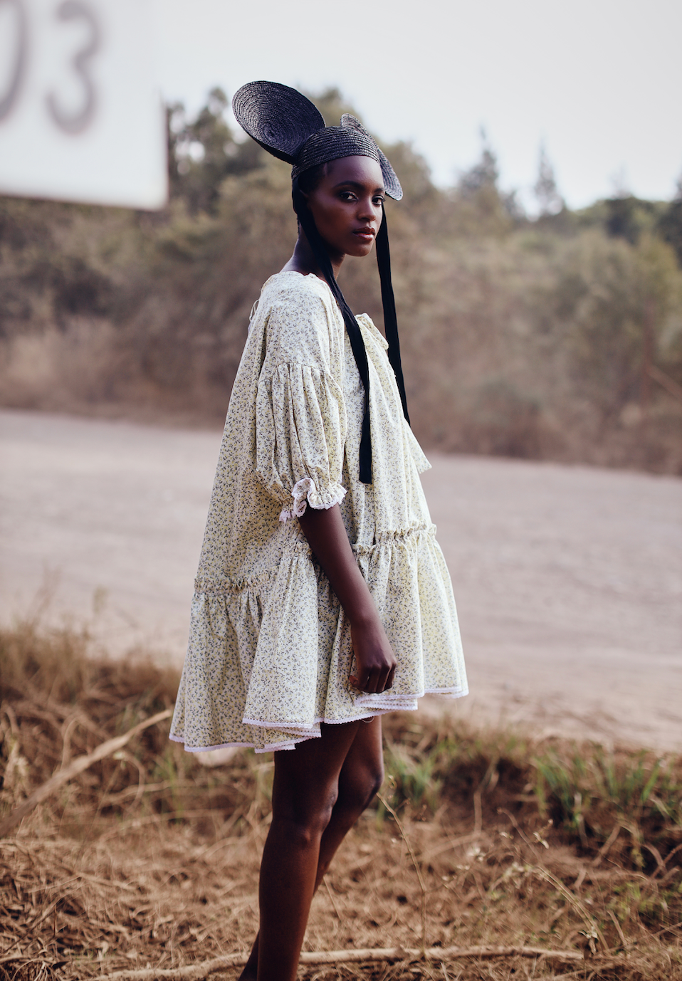 Katherine Drawstring Neckline Puff Sleeve Mini Dress- Pale Yellow/ Grey Floral