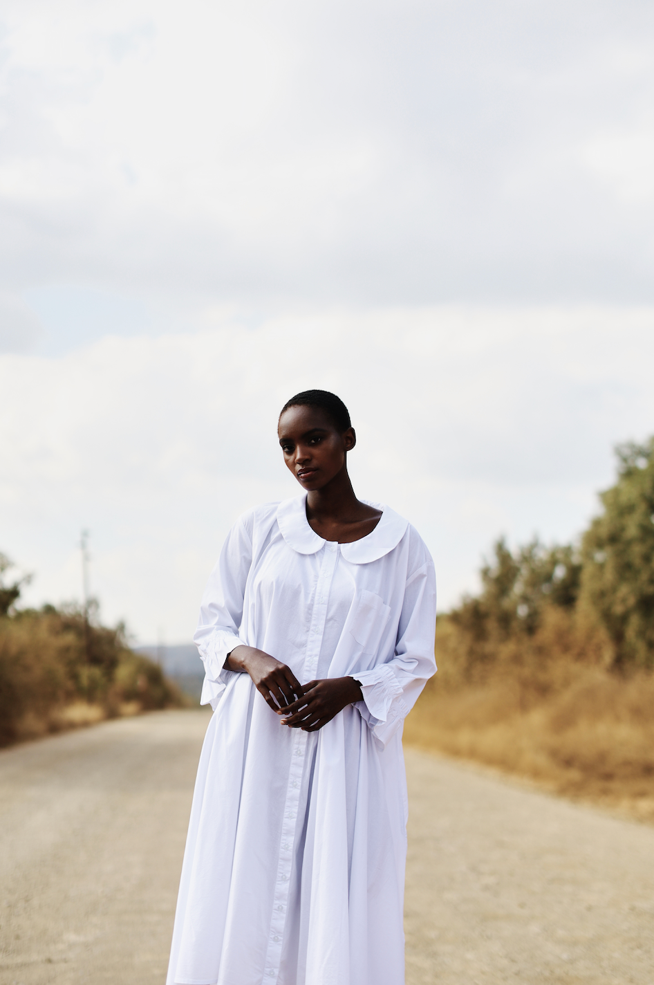 Fran Peter Pan Collar Ankle Length Shirtdress Plain (No lace trim) - White