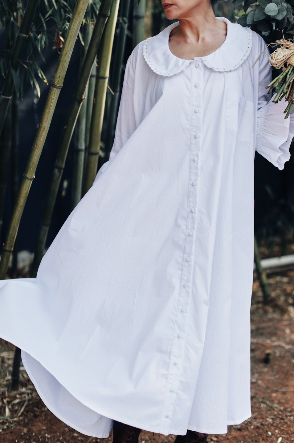 Fran Peter Pan Collar Maxi Shirtdress, with Cotton Lace Trim Collar Detail- White