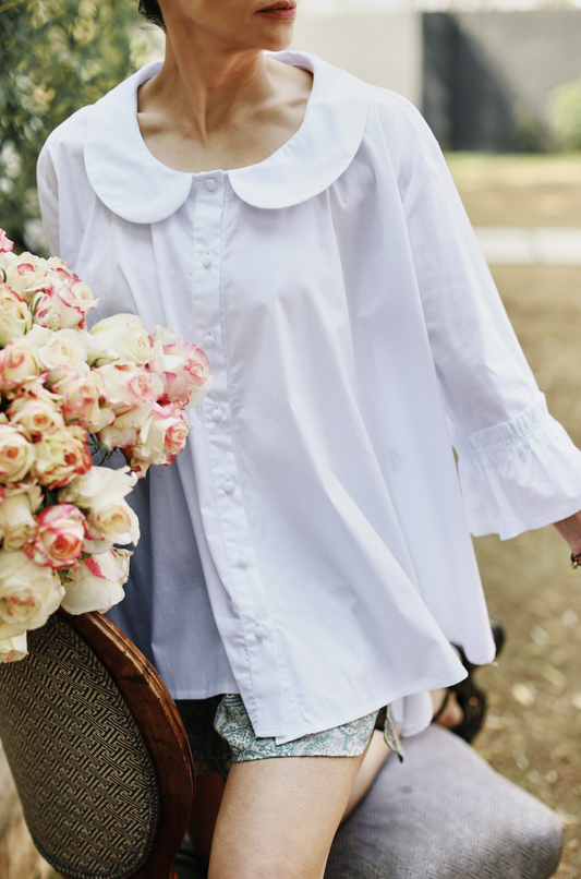 Fran - Peter Pan Collar, Frilled Sleeve, Oversized Shirt/Tunic( no lace trim)- Black