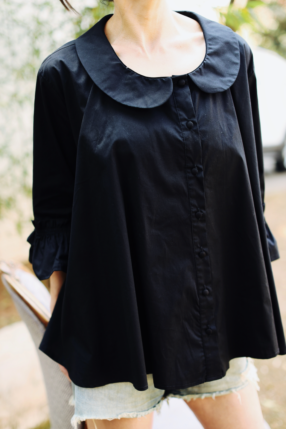 Fran - Peter Pan Collar, Frilled Sleeve, Oversized Shirt/Tunic( no lace trim)- Black