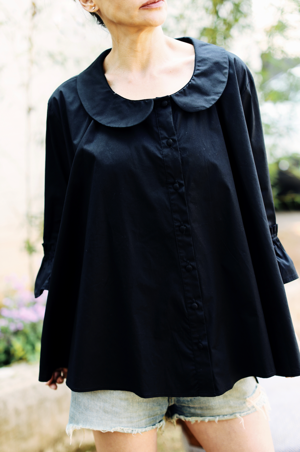 Fran - Peter Pan Collar, Frilled Sleeve, Oversized Shirt/Tunic( no lace trim)- Black