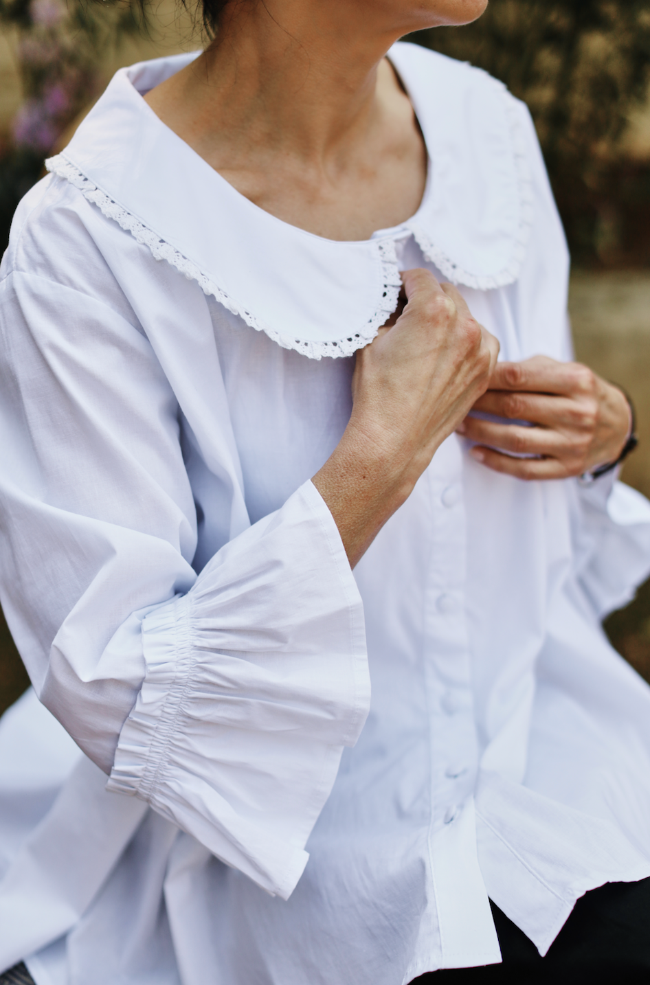 Fran Peter Pan Collar, Frilled Sleeve, Oversized Shirt/Tunic With Cotton Lace Collar Trim detail- White