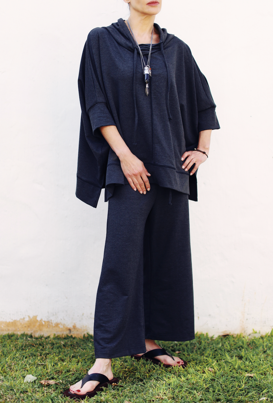 Bongi  French Terry Wide Leg, Cropped Pants- Navy