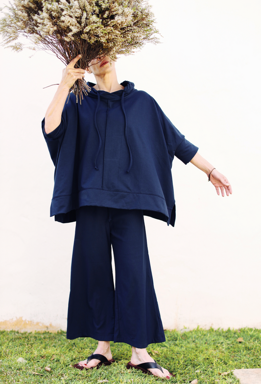 Bongi  French Terry Wide Leg, Cropped Pants- Navy