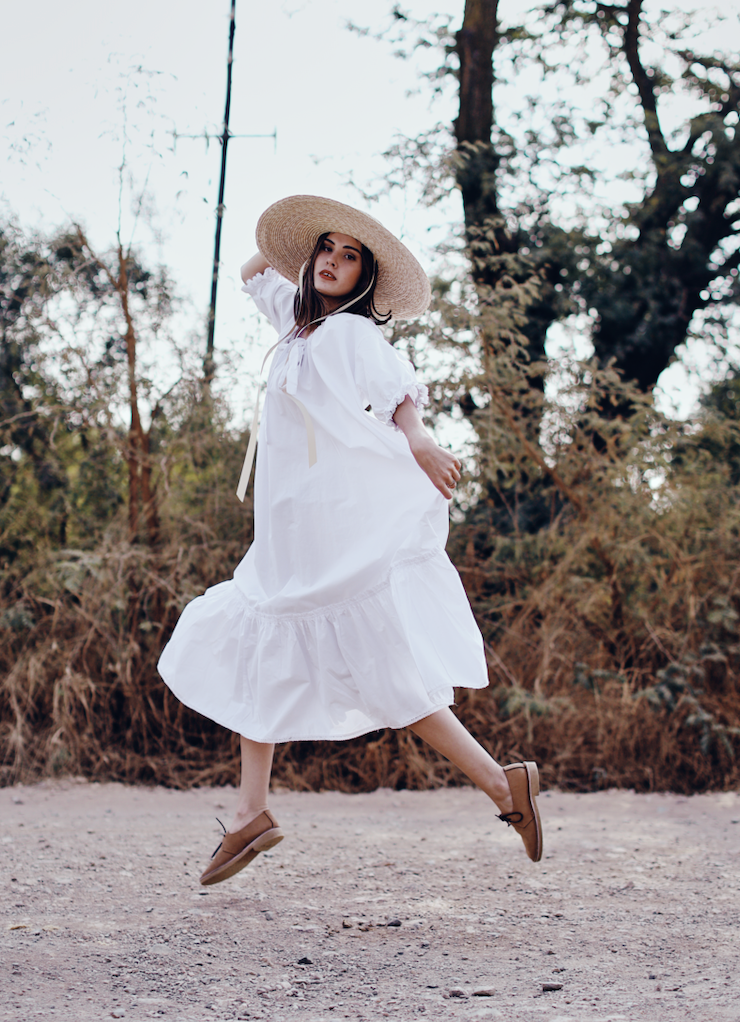 Katherine Gathered Neckline Puff Sleeve Midi Dress- White