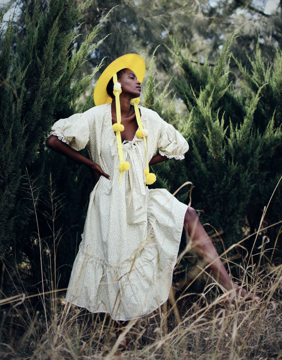 Katherine Gathered Neckline Puff Sleeve Midi Dress- Yellow Sprig