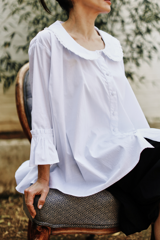 Fran Peter Pan Collar, Frilled Sleeve, Oversized Shirt/Tunic With Cotton Lace Collar Trim detail- White