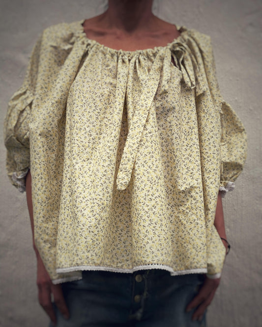 Katherine Gathered Neckline Puff Sleeve Blouse- Pale Yellow/ Grey Floral